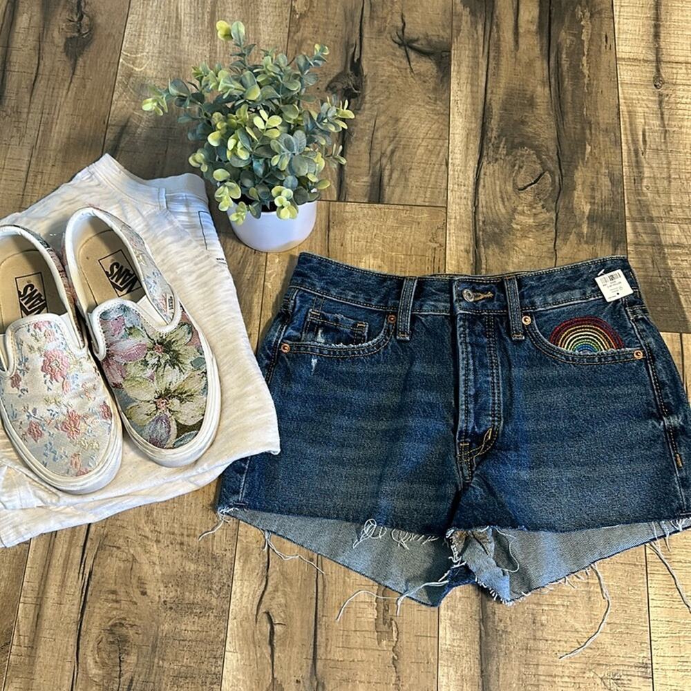 Old Navy Womens 0 Rainbow Embroidered High Rise Frayed Cut off Denim Shorts New